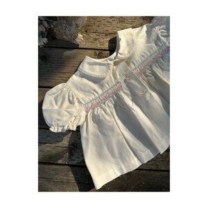 Vtg 50s Hand Smocked Infant Dress White Pink Blue Peter Pan Collar Short Puff Sl